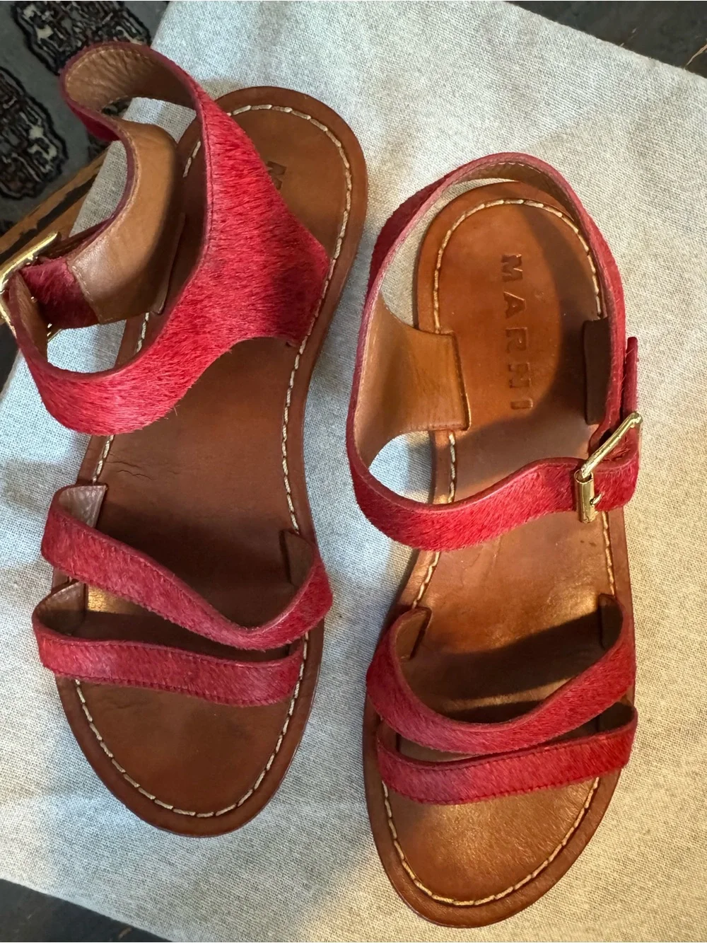 Marni Red Leather Strappy Sandal with Gold Buckle